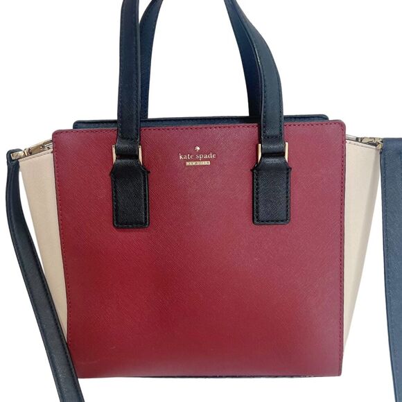 Kate Spade Cameron Street Small Hayden Burgundy Cream Leather Structured Handbag - Picture 2 of 14